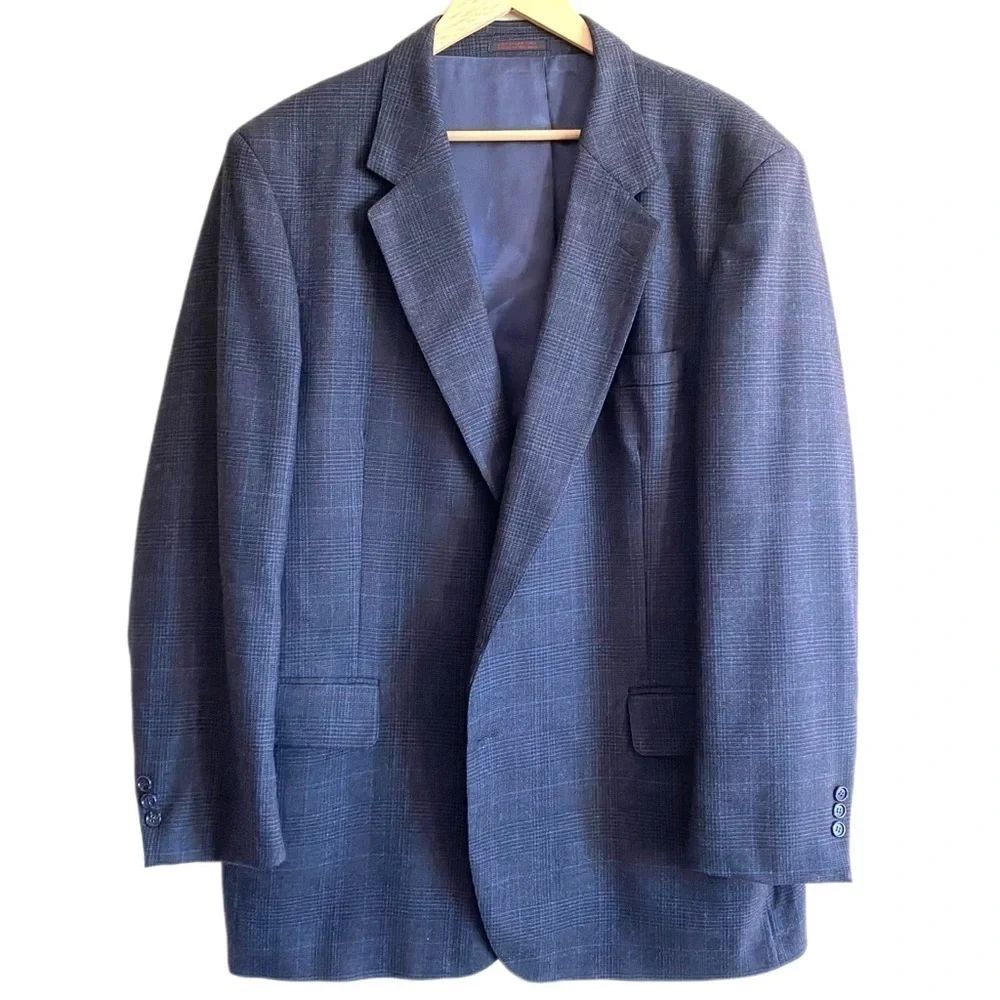 CHRISTOPHER BROOKS 100% Pure Wool Blueish Gray Plaid Suit Set Size 46L